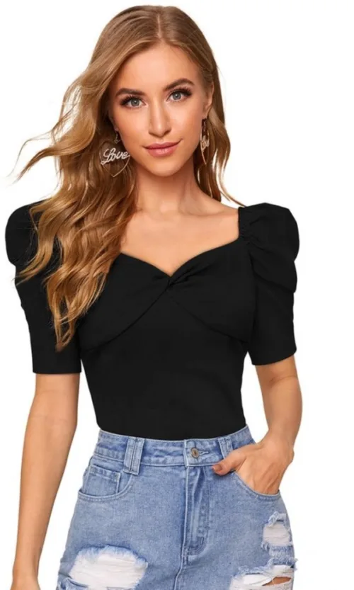 Women's Polyester Solid Puff Short Sleeves Sweetheart Neck Top (Black)