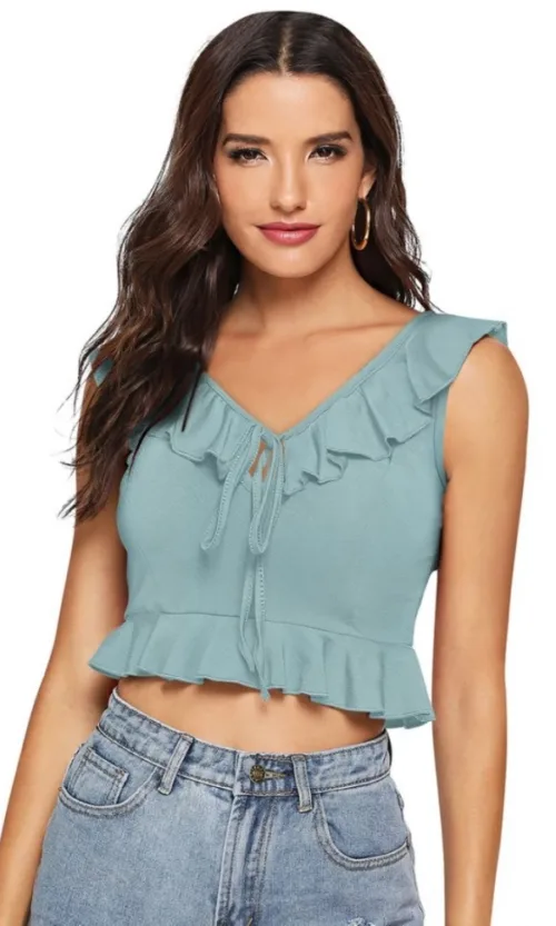 Women's Polyester Solid Sleeveless Ruffle Neck Top (Pista)