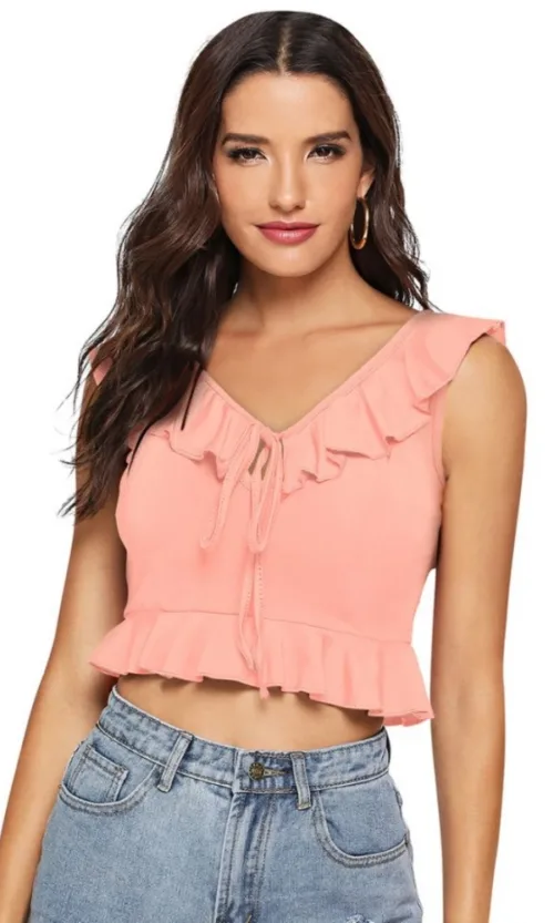 Women's Polyester Solid Sleeveless Ruffle Neck Top (Peach)