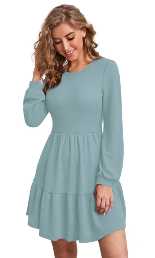Women's Knitting stretchable Solid Round Neck Full Sleeve Dress (Pista)