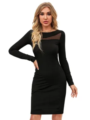 Women's Knitting stretchable Solid Round Neck Full Sleeve Dress (Black)