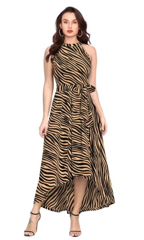 Women's Polyester Zebra Pattern Halter Neck Sleeveless Dress (Yellow)