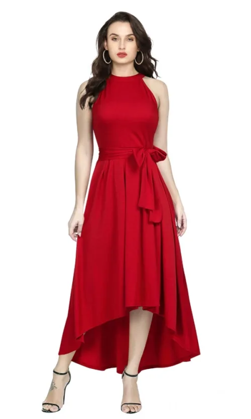 Women's Polyster Solid Halter Neck Sleeveless Dress (Red)