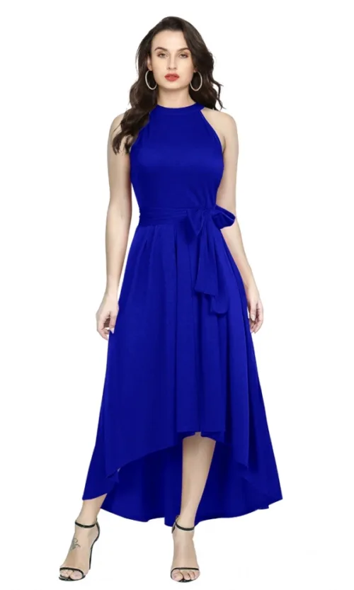 Women's Polyster Solid Halter Neck Sleeveless Dress (Royal Blue)