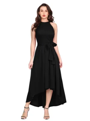 Women's Polyster Solid Halter Neck Sleeveless Dress (Black)
