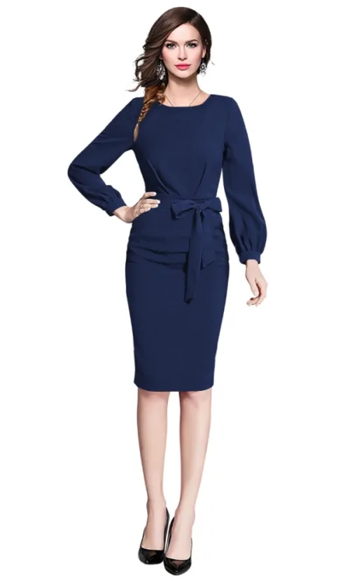 Women's Knitting stretchable Solid Round Neck Full Sleeve Dress (Blue)