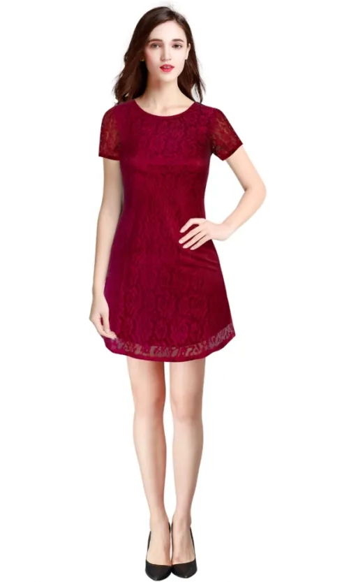 Women's Rasal Solid Round Neck Cap Sleeve Dress (Maroon)