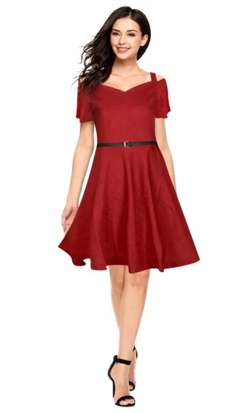 Women's Polyester Solid V Neck Cap Sleeve Dress (Maroon)
