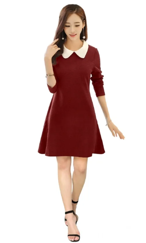 Women's Polyester Solid Collar 3-4th Dress (Maroon)