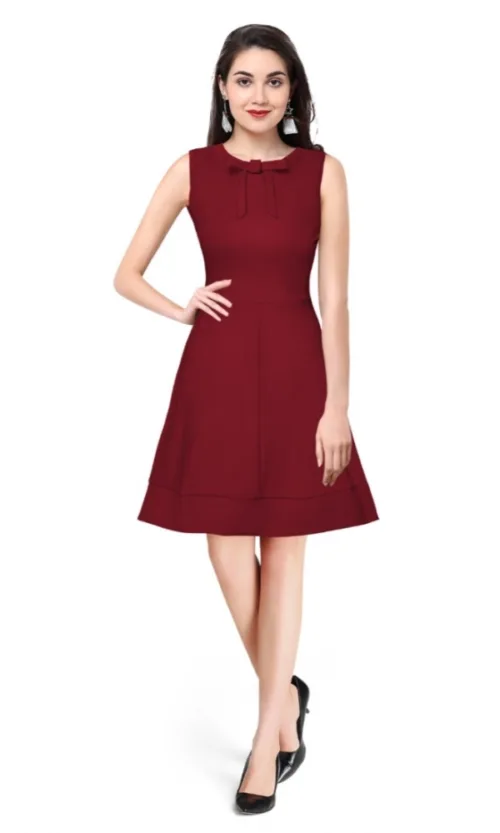 Women's Polyester Solid Round Neck Sleeveless Dress (Maroon)