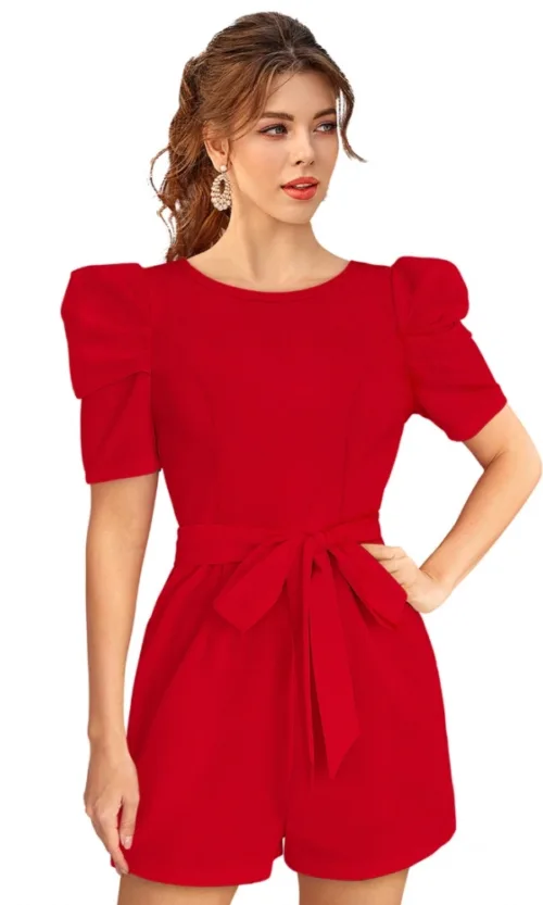 Women's Knitting stretchable Solid Round Neck 3-4 Puff Sleeve Dress (Red )