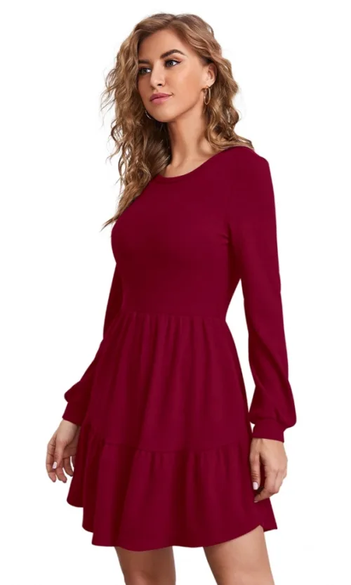 Women's Knitting stretchable Solid Round Neck Full Sleeve Dress (Maroon)