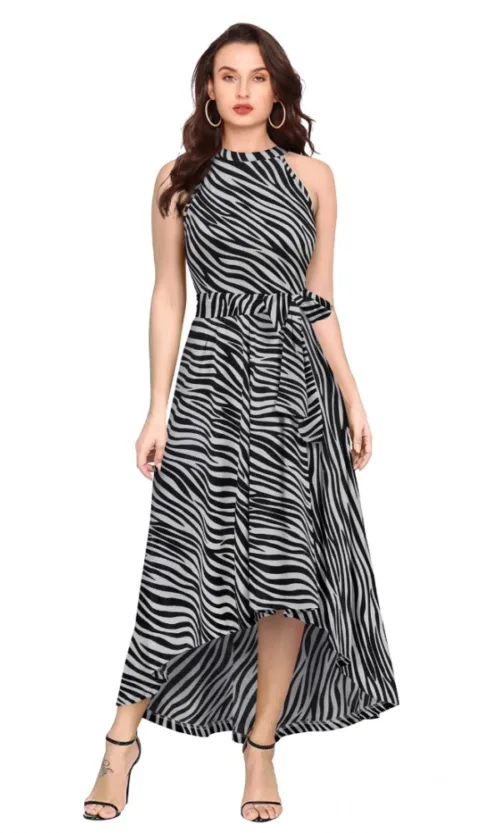 Women's Polyester Zebra Pattern Halter Neck Sleeveless Dress (Navy Blue)