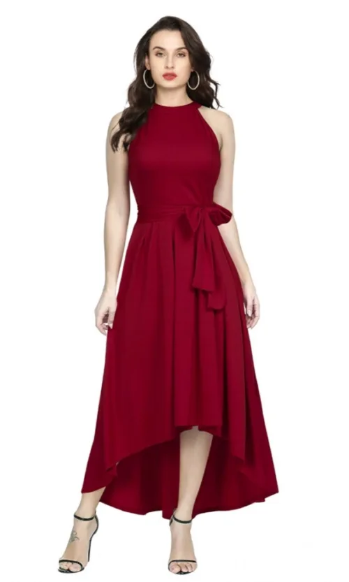 Women's Polyster Solid Halter Neck Sleeveless Dress (Maroon)
