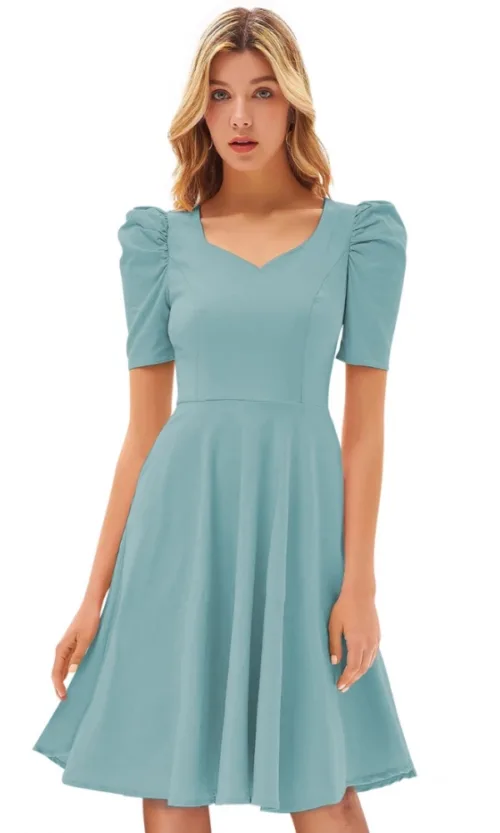 Women's Knitting stretchable Solid V Neck Cap Sleeve Dress (Pista)