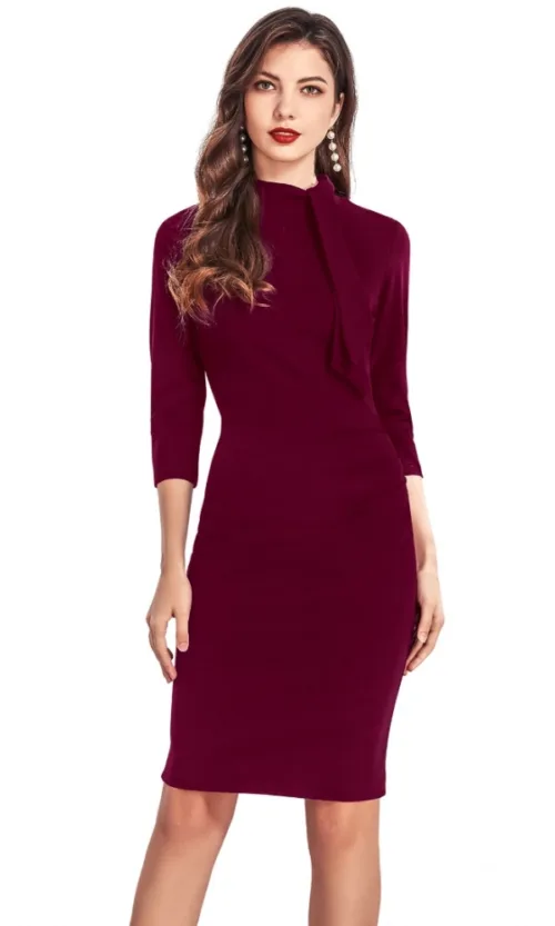 Women's Knitting stretchable Solid Round Neck 3-4th Dress (Maroon)