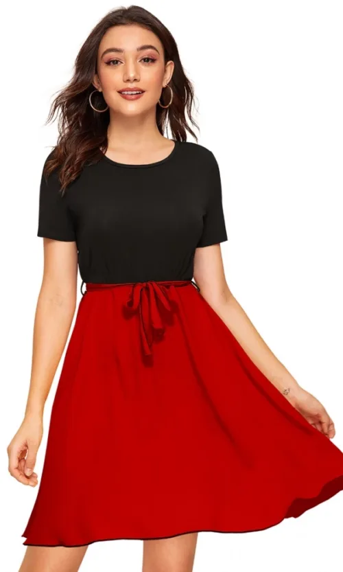 Women's Knitting stretchable Solid Round Neck Cap Sleeve Dress (Red)