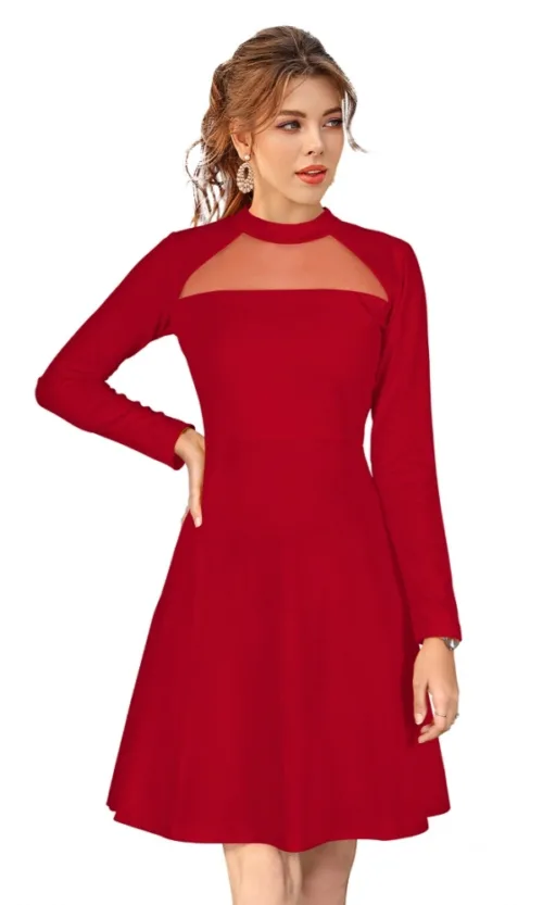Women's Knitting stretchable Solid Round Neck Full Sleeve Dress (Red)
