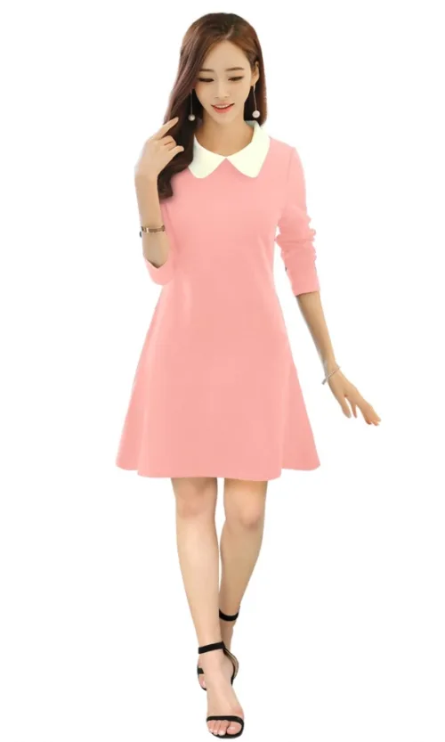 Women's Polyester Solid Collar 3-4th Dress (Peach)