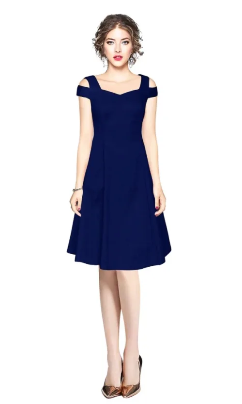 Women's Polyester Solid V Neck Cap Sleeve off Shoulder Dress (Blue)
