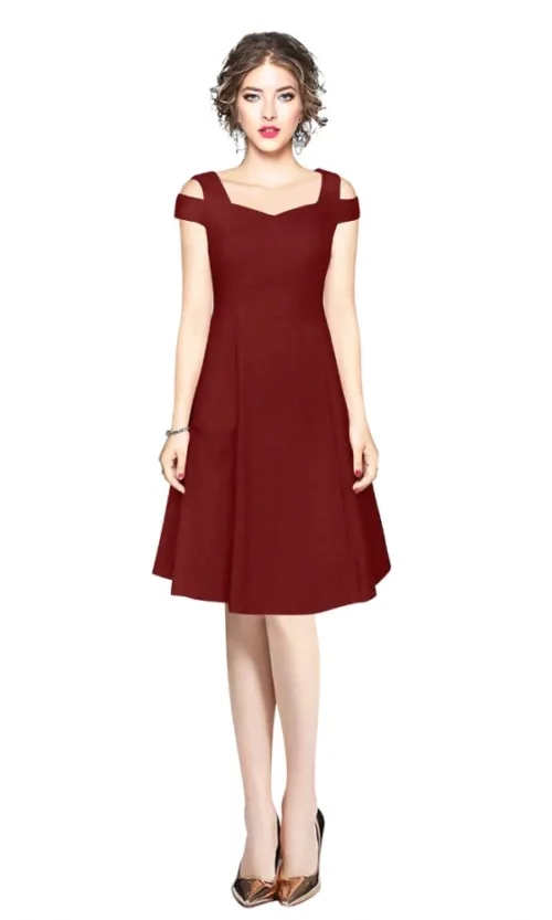 Women's Polyester Solid V Neck Cap Sleeve off Shoulder Dress (Maroon)