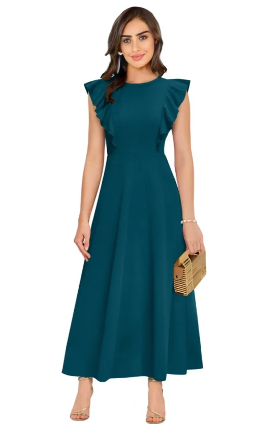 Women's Knitting stretchable Solid Round Neck Ruffled Sleeve Dress (Morpich)