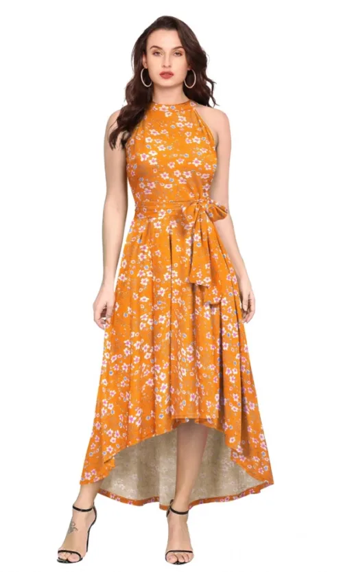Women's Polyester Printed Halter Neck Sleeveless Dress (Yellow)