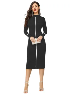 Women's Knitting stretchable Solid Round Neck Full Sleeve Dress (Black)