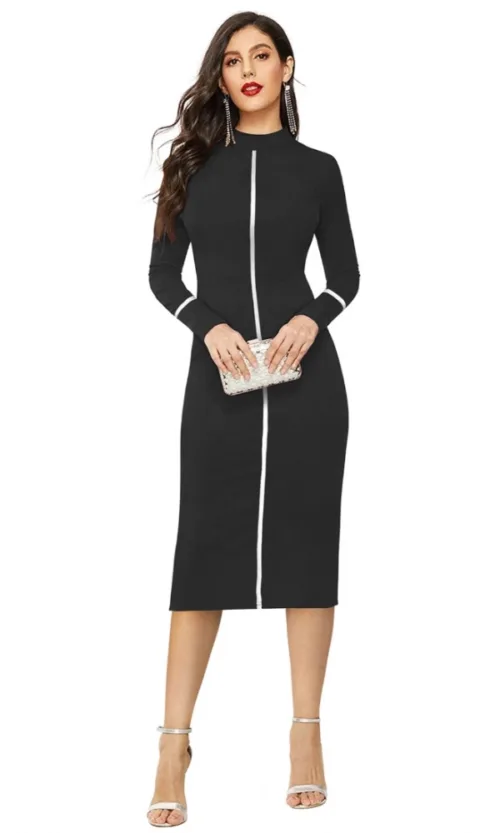 Women's Knitting stretchable Solid Round Neck Full Sleeve Dress (Black)