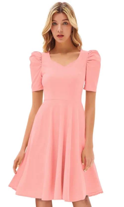 Women's Knitting stretchable Solid V Neck Cap Sleeve Dress (Peach)