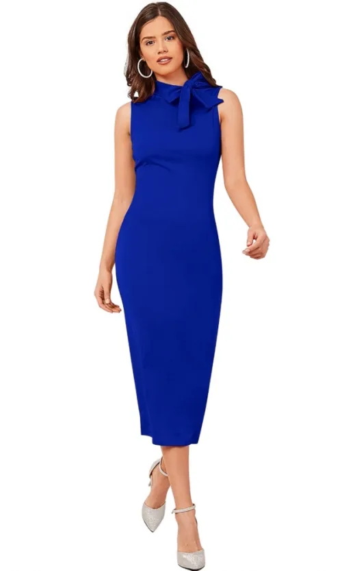 Women's Knitting stretchable Solid Round Neck Sleeveless Dress (Royal Blue)