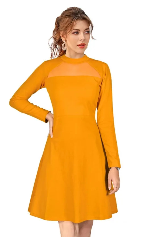 Women's Knitting stretchable Solid Round Neck Full Sleeve Dress (Yellow)