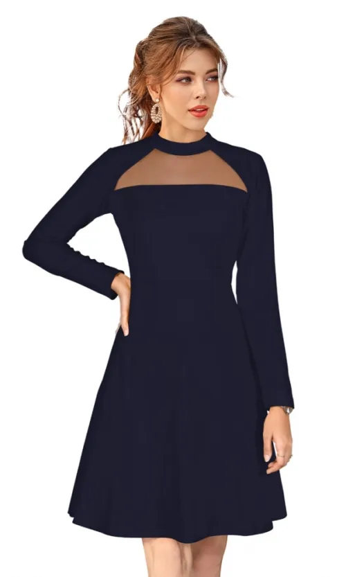 Women's Knitting stretchable Solid Round Neck Full Sleeve Dress (Blue)