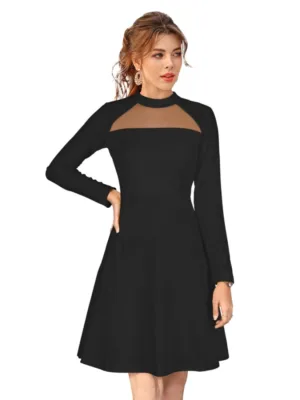 Women's Knitting stretchable Solid Round Neck Full Sleeve Dress (Black)