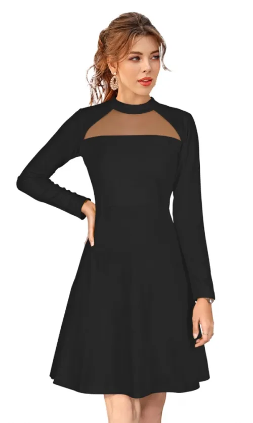 Women's Knitting stretchable Solid Round Neck Full Sleeve Dress (Black)