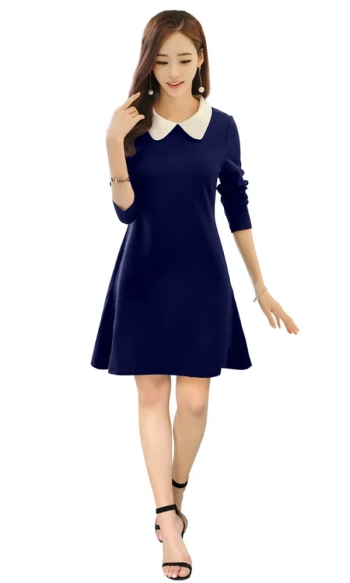 Women's Polyester Solid Collar 3-4th Dress (Blue)