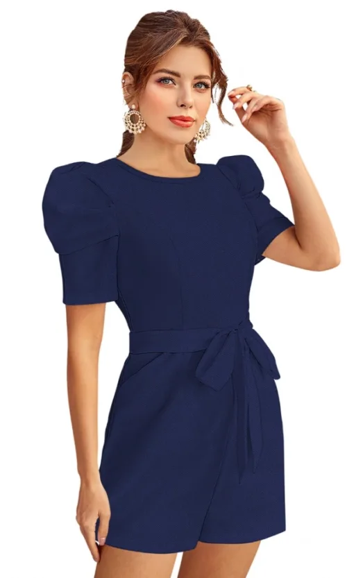 Women's Knitting stretchable Solid Round Neck 3-4 Puff Sleeve Dress (Blue)