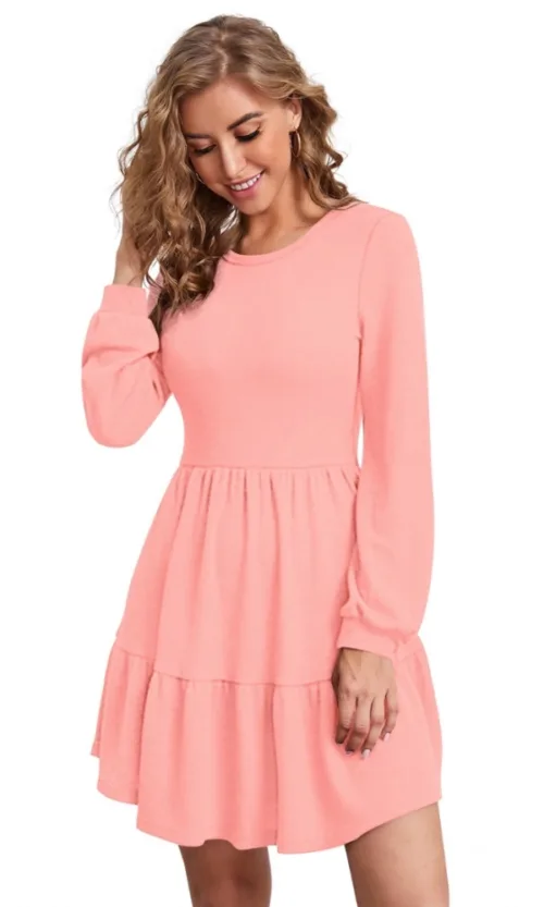 Women's Knitting stretchable Solid Round Neck Full Sleeve Dress (Peach)