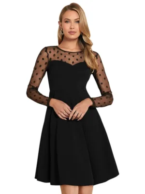 Women's Knitting stretchable Solid Round Neck Full Sleeve Dress (Black)