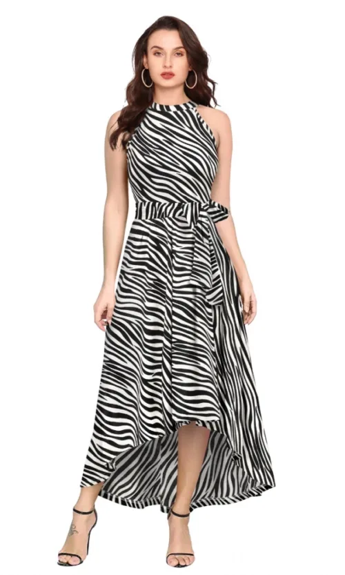 Women's Polyester Zebra Pattern Halter Neck Sleeveless Dress (White)