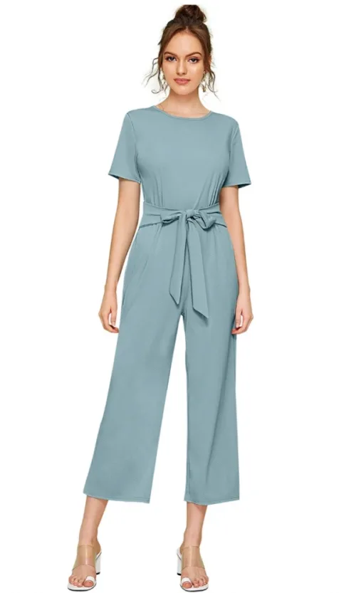Women's Knitting stretchable Solid Round Neck Cap Sleeve Jumpsuit (Pista )