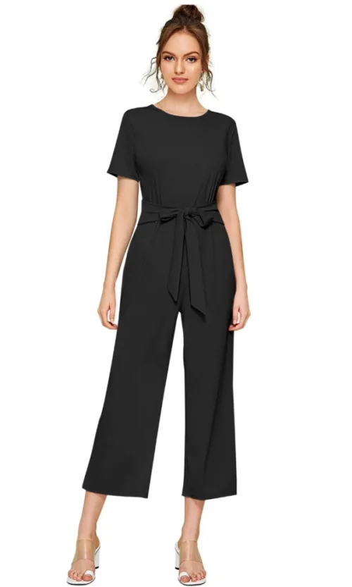Women's Knitting stretchable Solid Round Neck Cap Sleeve Jumpsuit (Black)