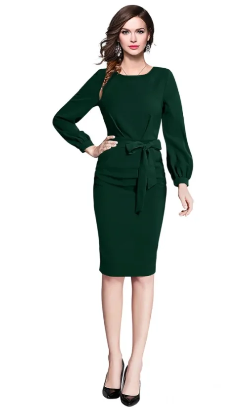 Women's Knitting stretchable Solid Round Neck Full Sleeve Dress (Green)