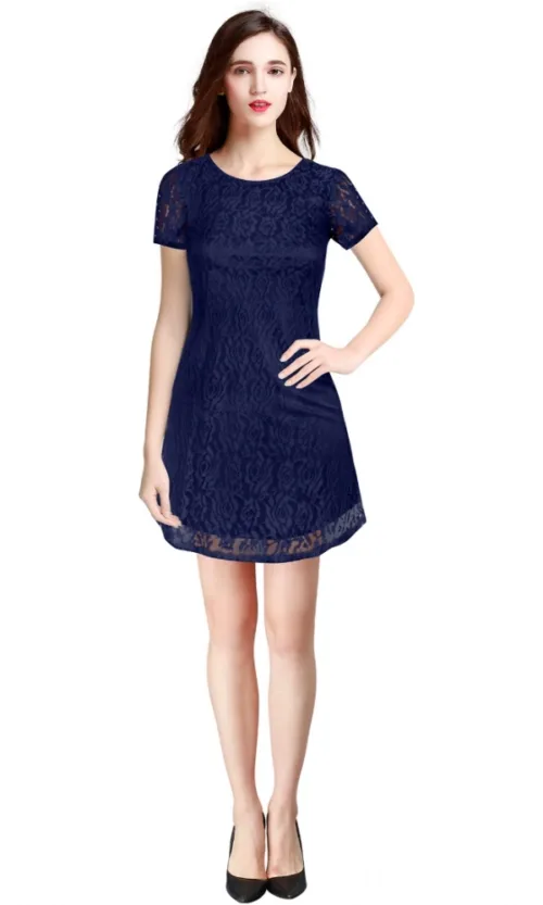 Women's Rasal Solid Round Neck Cap Sleeve Dress (Blue)