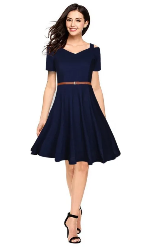 Women's Polyester Solid V Neck Cap Sleeve Dress (Blue)
