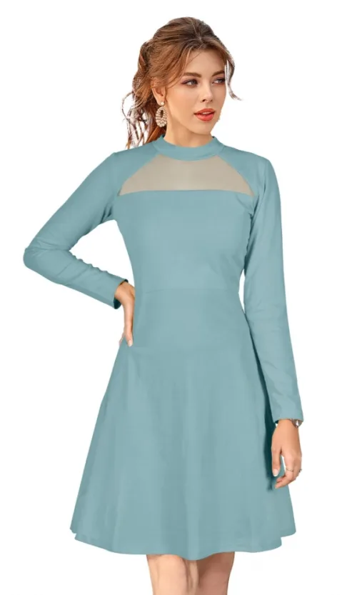 Women's Knitting stretchable Solid Round Neck Full Sleeve Dress (Pista)