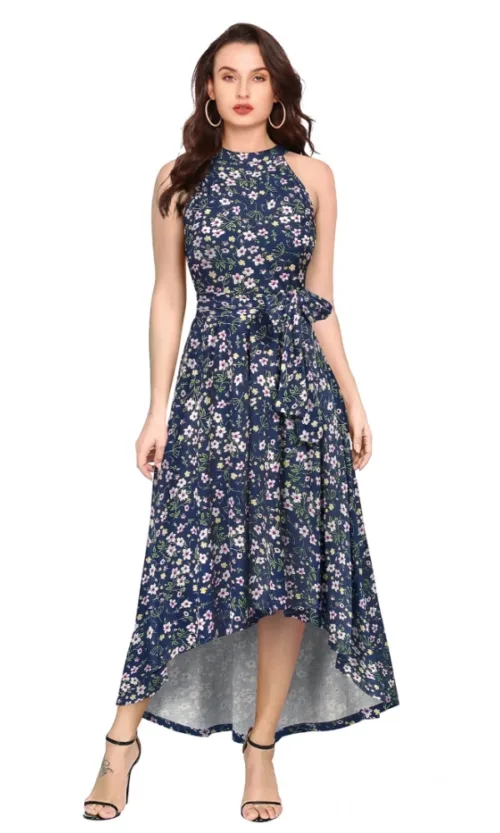 Women's Polyester Printed Halter Neck Sleeveless Dress (Blue)