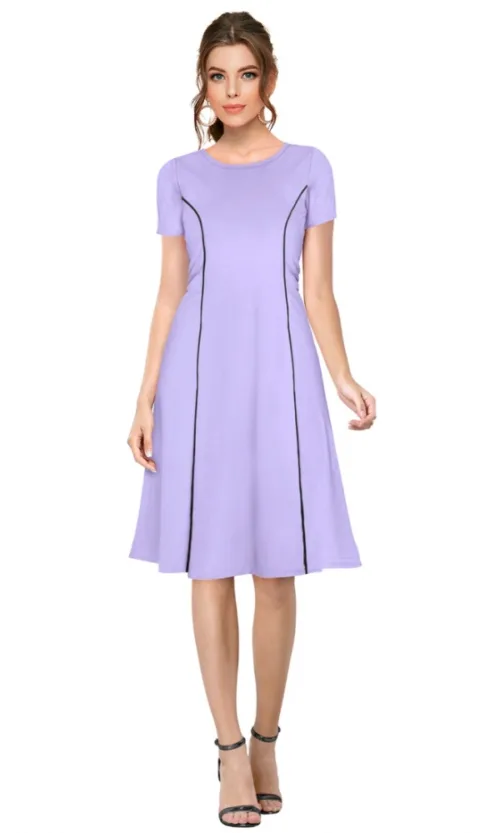 Women's Knitting stretchable Solid Round Neck Cap Sleeve Dress (Purple)