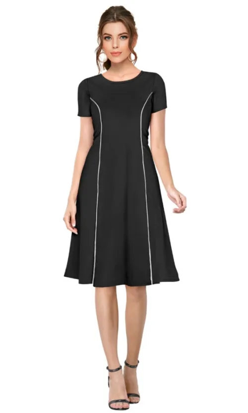 Women's Knitting stretchable Solid Round Neck Cap Sleeve Dress (Black)