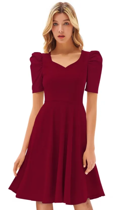 Women's Knitting stretchable Solid V Neck Cap Sleeve Dress (Maroon)